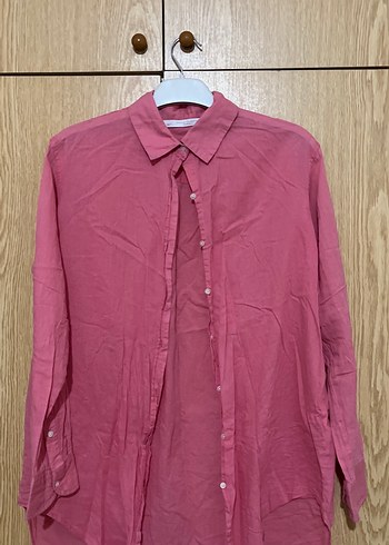 Pembe Kısa Kollu Keten Kadın Gömlek - Görsel 3