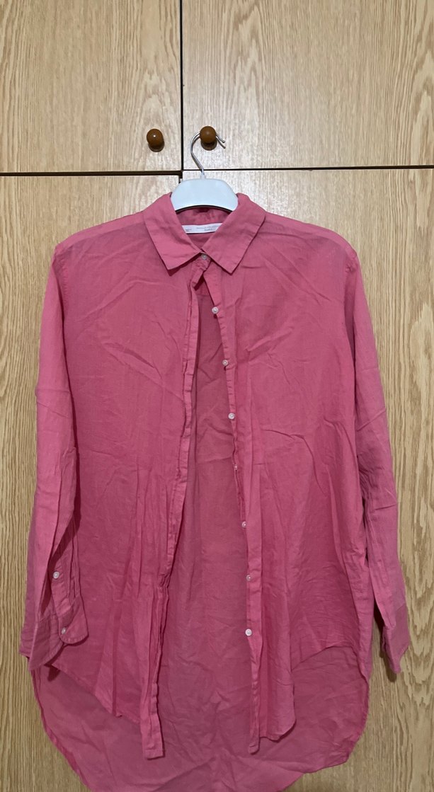 Pembe Kısa Kollu Keten Kadın Gömlek - Görsel 3