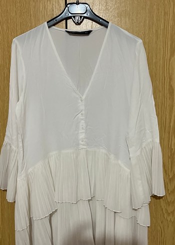 Düğmeli V Yakalı Beyaz Keten Kadın Gömlek - Görsel 2