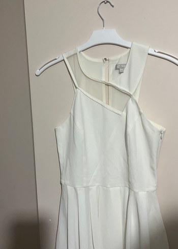 Beyaz Midi V Yaka Drapeli Kadın Abiye Elbise - Görsel 5