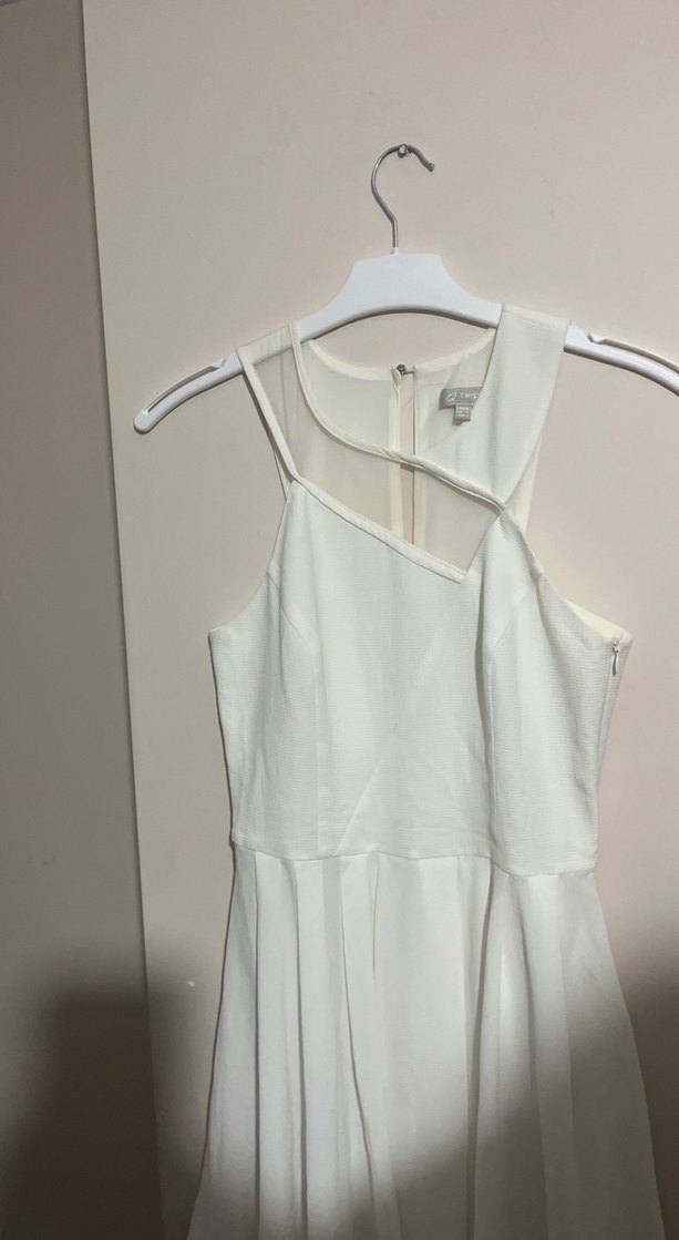 Beyaz Midi V Yaka Drapeli Kadın Abiye Elbise - Görsel 5