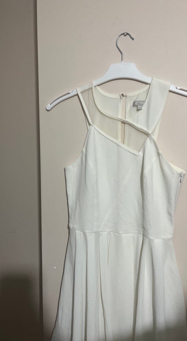 Beyaz Midi V Yaka Drapeli Kadın Abiye Elbise - Görsel 2