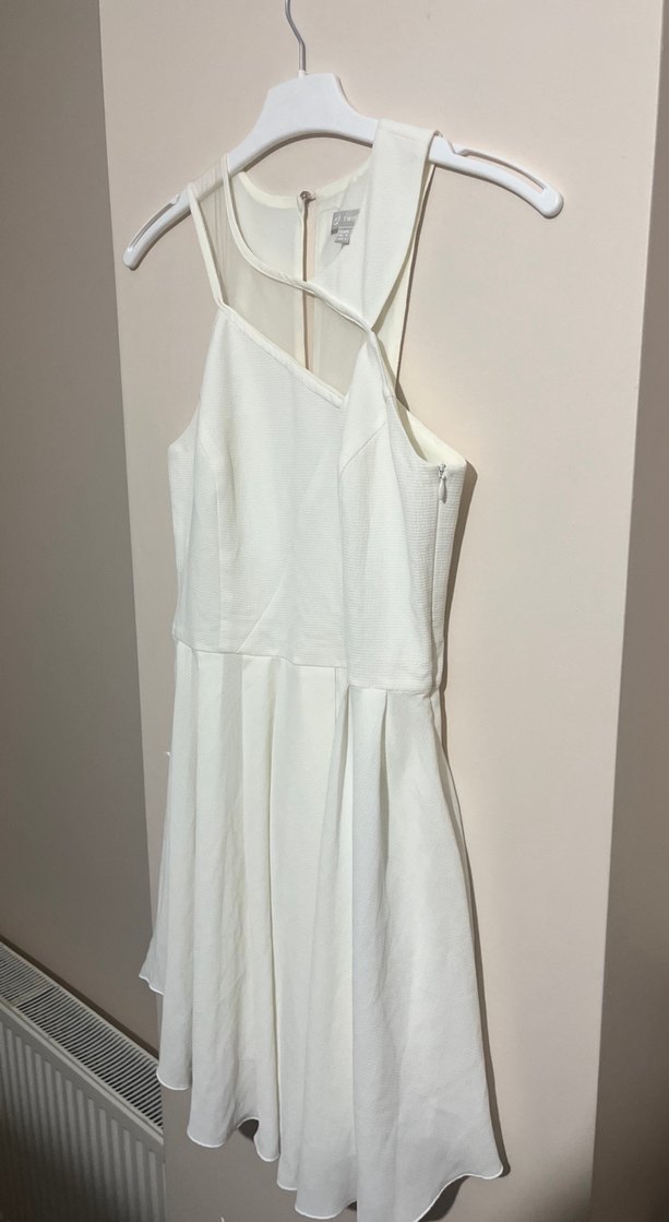 Beyaz Midi V Yaka Drapeli Kadın Abiye Elbise - Görsel 3