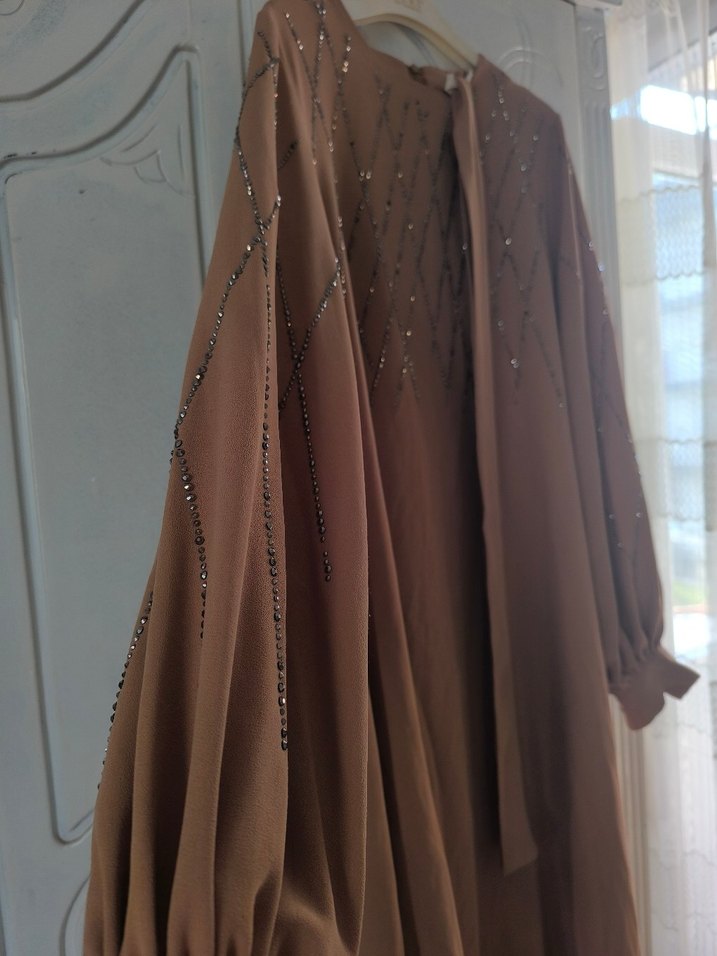 Bej İşlemeli Uzun Kollu Bohem Elbise - Görsel 3