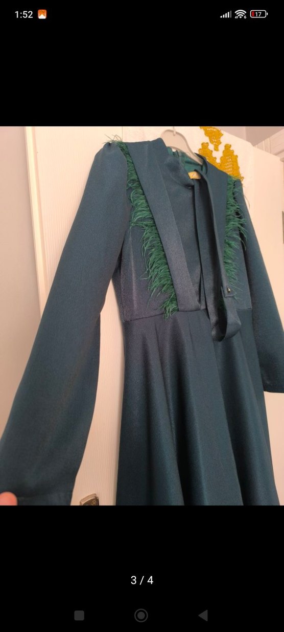 Koyu Yeşil Uzun Kollu Drapeli Kadın Elbise - Görsel 3