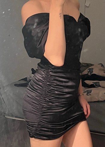 Siyah Drapeli V Yakalı Midi mini Elbise - Görsel 3