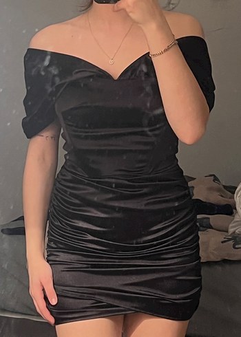 Siyah Drapeli V Yakalı Midi mini Elbise - Görsel 2