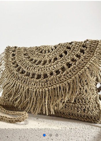 Püsküllü Bej Örgü Bohem Kadın Clutch Çanta