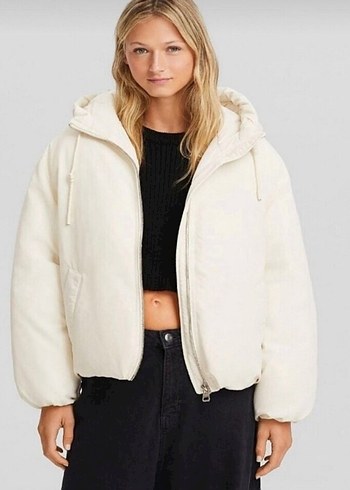 Bershka Bershka Kadın Beyaz Kapüşonlu Fermuarlı Kışlık Mont