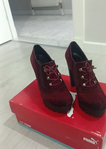 Bordo Süet Platform Topuklu Bağcıklı Kadın Bot - Görsel 2
