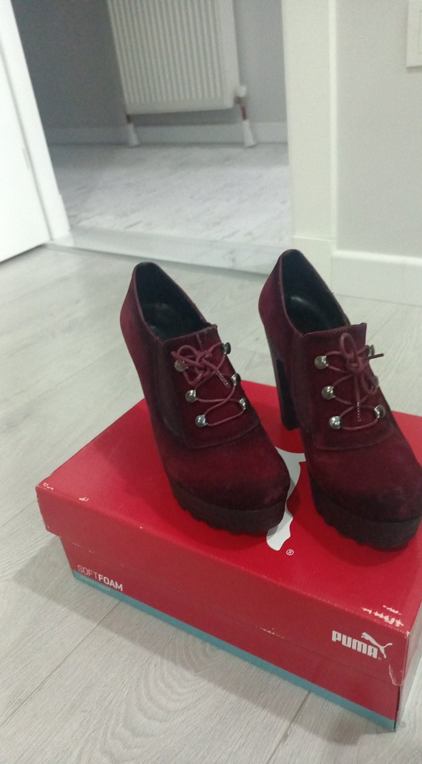 Bordo Süet Platform Topuklu Bağcıklı Kadın Bot - Görsel 2