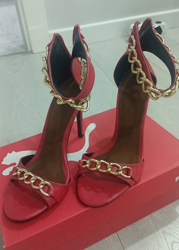 Kırmızı Deri Zincirli İnce Topuklu Kadın Ayakkabı - Görsel 2