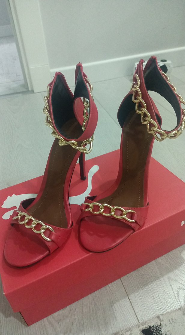 Kırmızı Deri Zincirli İnce Topuklu Kadın Ayakkabı - Görsel 2