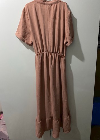 42 Beden camel Renk Bej V Yaka Keten Uzun Salaş Elbise
