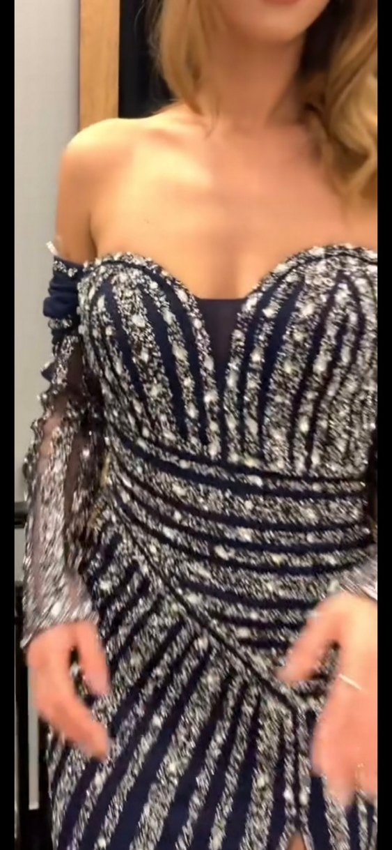 Parlak Lacivert ithal taş Uzun Abiye Elbise - Görsel 3