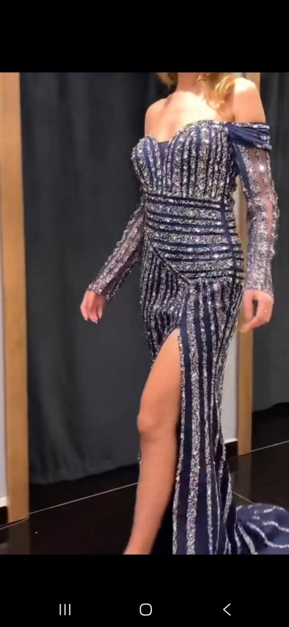 Parlak Lacivert ithal taş Uzun Abiye Elbise - Görsel 2