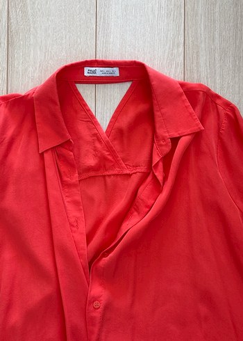 Kırmızı Keten Düğmeli Kadın Gömlek - Görsel 2