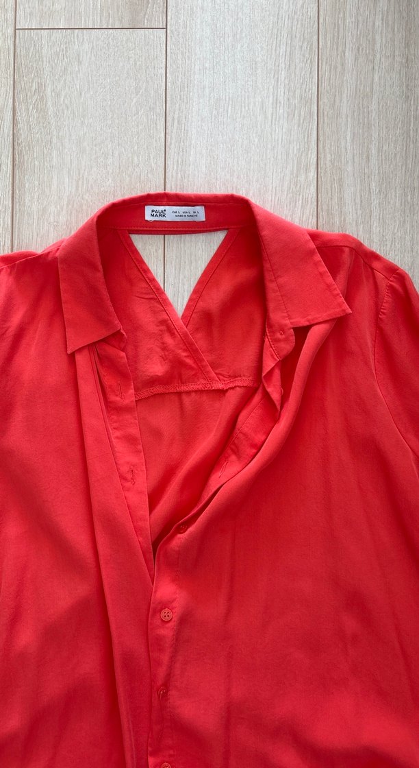 Kırmızı Keten Düğmeli Kadın Gömlek - Görsel 2