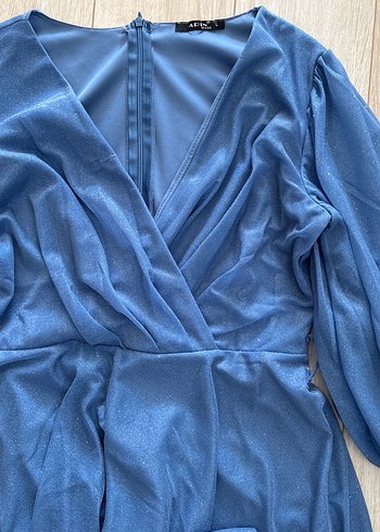 Bohem V Yaka Uzun Kollu Mavi Elbise - Görsel 3