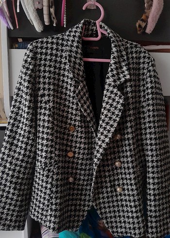 xl Beden gri Renk Gri Ekose Desenli Düğmeli Kadın Blazer