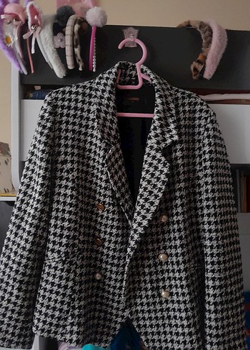 xl Beden Gri Ekose Desenli Düğmeli Kadın Blazer