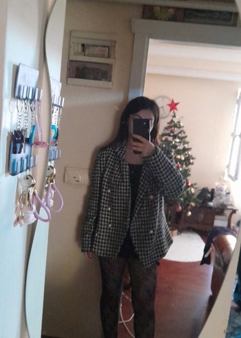 Gri Ekose Desenli Düğmeli Kadın Blazer