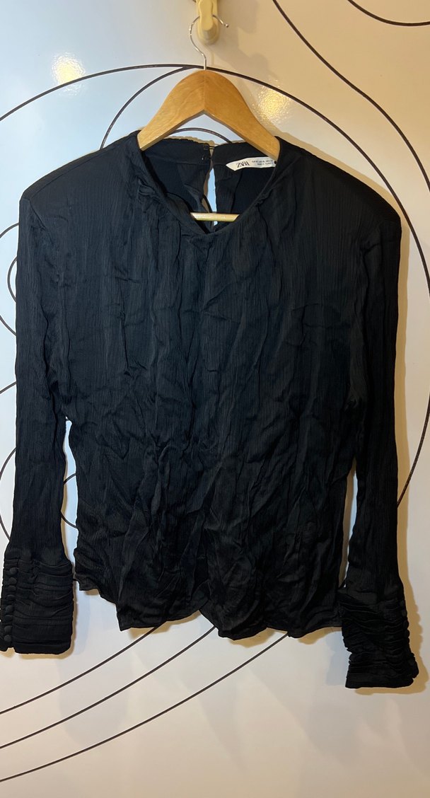 Uzun Kollu Siyah Keten Bluz - Görsel 2