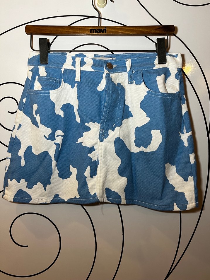 Kadın Mavi Tie-Dye Mini Kot Etek - Görsel 4