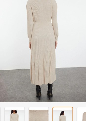 Bej Yüksek Yakalı Kadın Triko Elbise - Görsel 4