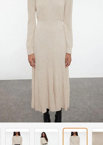 Bej Yüksek Yakalı Kadın Triko Elbise - Görsel 2