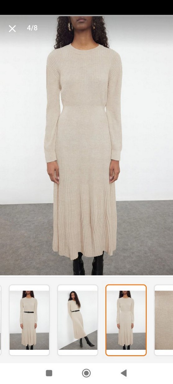 Bej Yüksek Yakalı Kadın Triko Elbise - Görsel 2