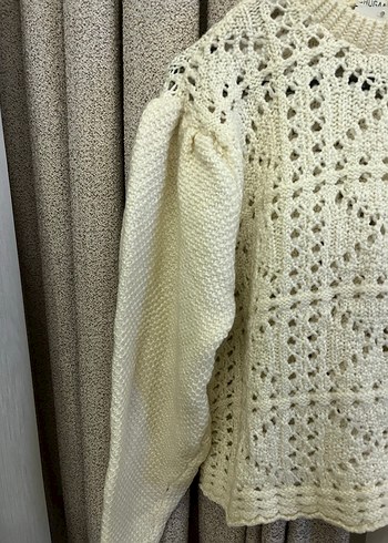 Bohem Nakışlı Beyaz Örgü Kadın Kazak - Görsel 3