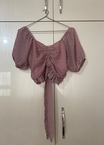 Bordo Çizgili Pliseli Bohem Kadın Bluz