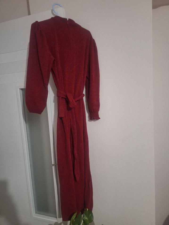 Bordo Kemerli Uzun Kollu Kadın Elbise - Görsel 2