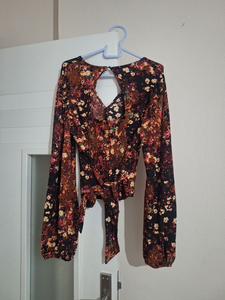 Bordo Bohem Uzun Kollu V Yaka Mini Bluz - Görsel 2