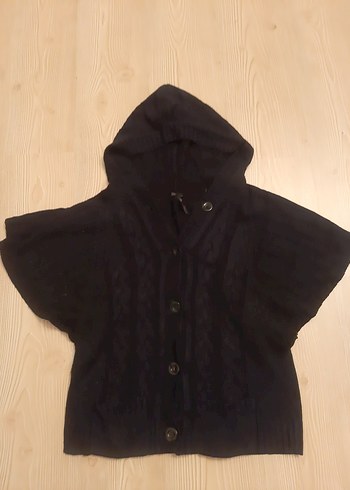 Lacivert Kapüşonlu Yarasa Kol Triko Hırka  Düğmeli Model - Görsel 4