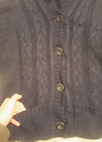 Lacivert Kapüşonlu Yarasa Kol Triko Hırka  Düğmeli Model - Görsel 6