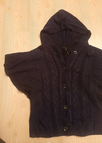 Lacivert Kapüşonlu Yarasa Kol Triko Hırka  Düğmeli Model - Görsel 5