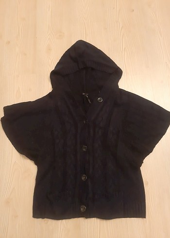 Lacivert Kapüşonlu Yarasa Kol Triko Hırka  Düğmeli Model - Görsel 3