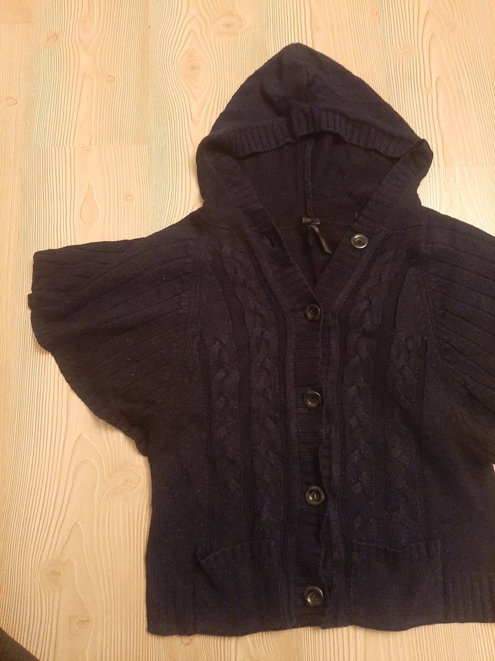 Lacivert Kapüşonlu Yarasa Kol Triko Hırka  Düğmeli Model - Görsel 5