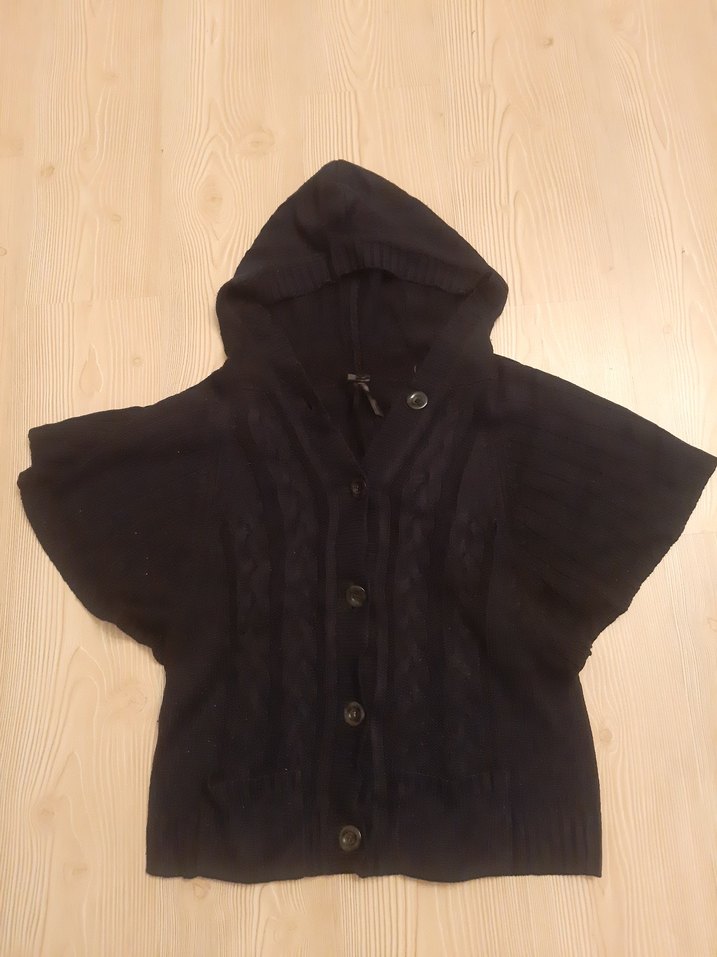 Lacivert Kapüşonlu Yarasa Kol Triko Hırka  Düğmeli Model - Görsel 3