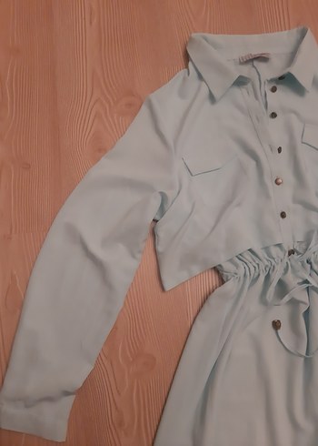 Uzun Kollu Mavi Düğmeli Kadın Elbise - Görsel 3