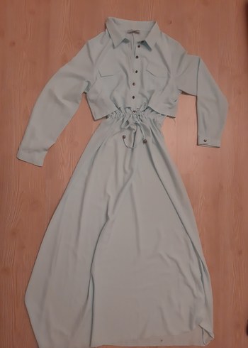 Uzun Kollu Mavi Düğmeli Kadın Elbise - Görsel 7