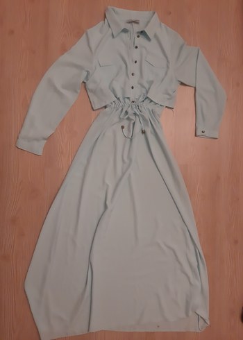 Uzun Kollu Mavi Düğmeli Kadın Elbise - Görsel 2