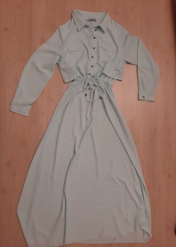 Uzun Kollu Mavi Düğmeli Kadın Elbise - Görsel 6