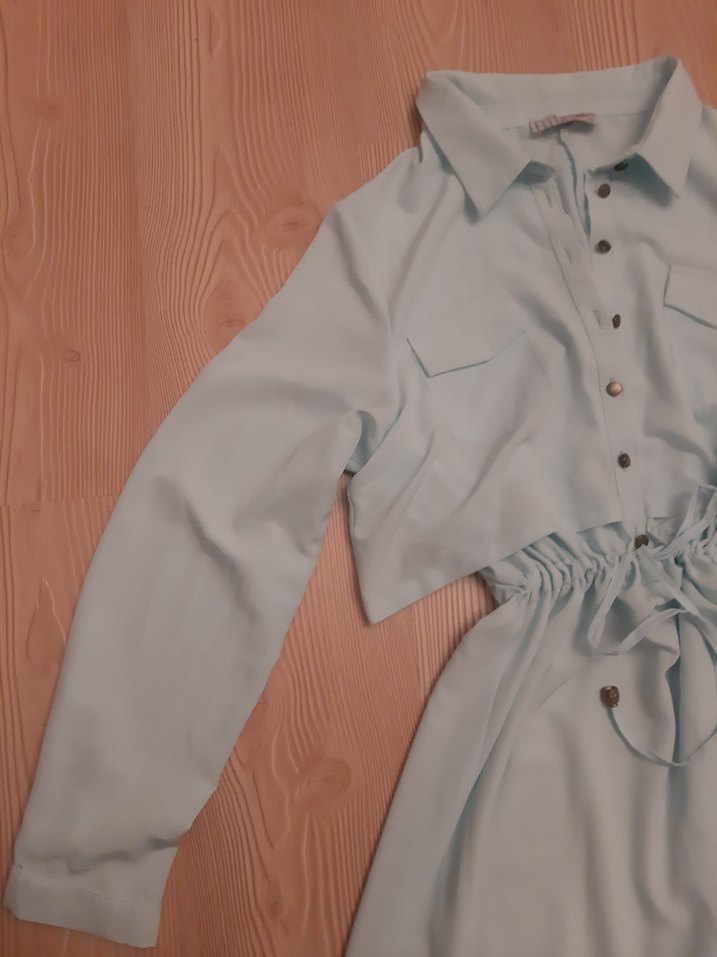 Uzun Kollu Mavi Düğmeli Kadın Elbise - Görsel 3