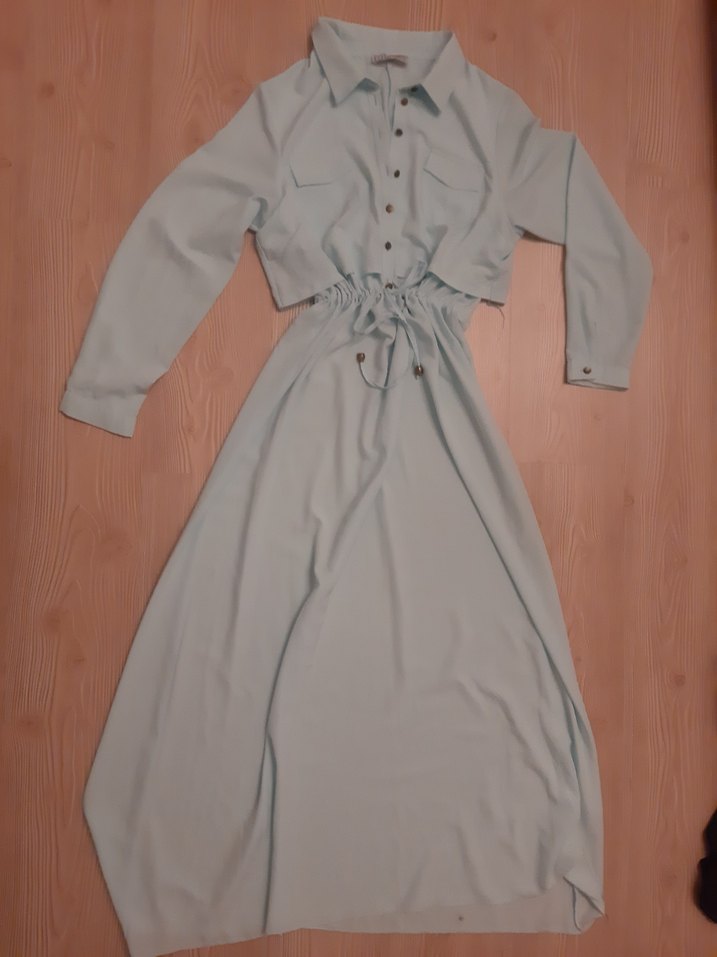 Uzun Kollu Mavi Düğmeli Kadın Elbise - Görsel 2