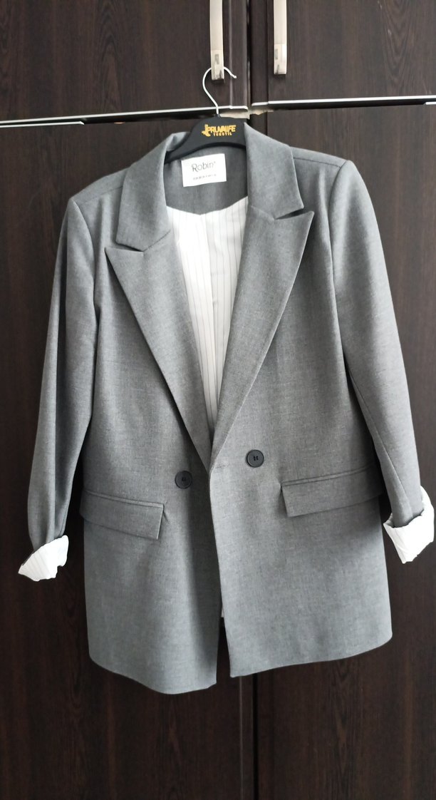 Gri Kadın Keten Blazer Ceket - Görsel 2