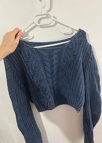 Navy Örgü Kadın crop Kazak - Görsel 4