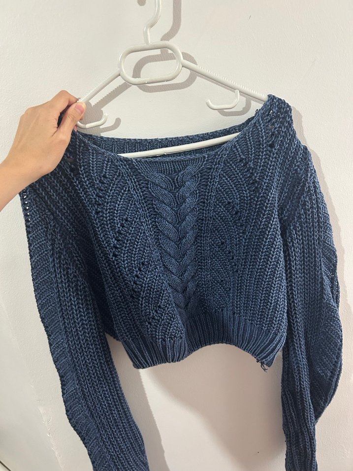 Navy Örgü Kadın crop Kazak - Görsel 4